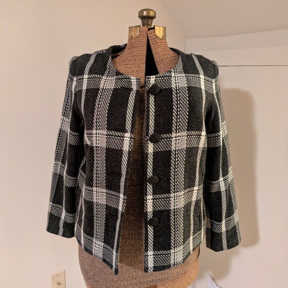 Black & White Plaid Wool-Blend Tweed Lined Collarless Lady Jacket - Picture 1 of 7